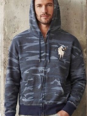 MENS UNISEX Zip-Up Hoodie with BLUISH AND GRAYISH Camouflage Pattern and Hood.